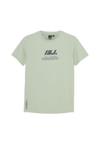 T-shirt en coton vert clair avec des manches courtes, un col rond et un texte imprimé en bleu foncé sur le devant. Détail de l'étiquette sur le côté inclus.