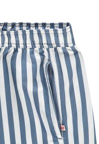Shorts cu dungi în nuanțe de albastru și alb, cu talie elastică, buzunar lateral cu fermoar și textură de material neted și ușor.