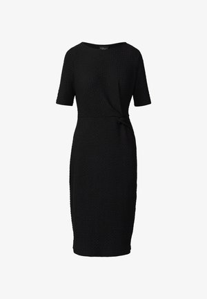 Črna obleka z zavihkom in kratkimi rokavi, teksturirana tkanina, prilagojen pas, dolžina do kolen in podrobnost s vozlom ob strani.