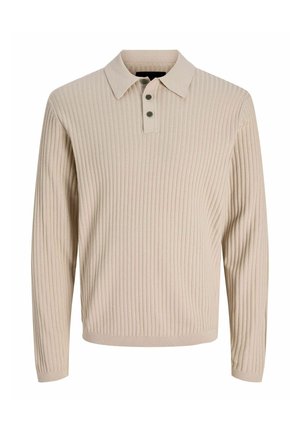 Bézs bordázott hosszú ujjú kötött galléros póló három sötét gombbal a slicc alatt.