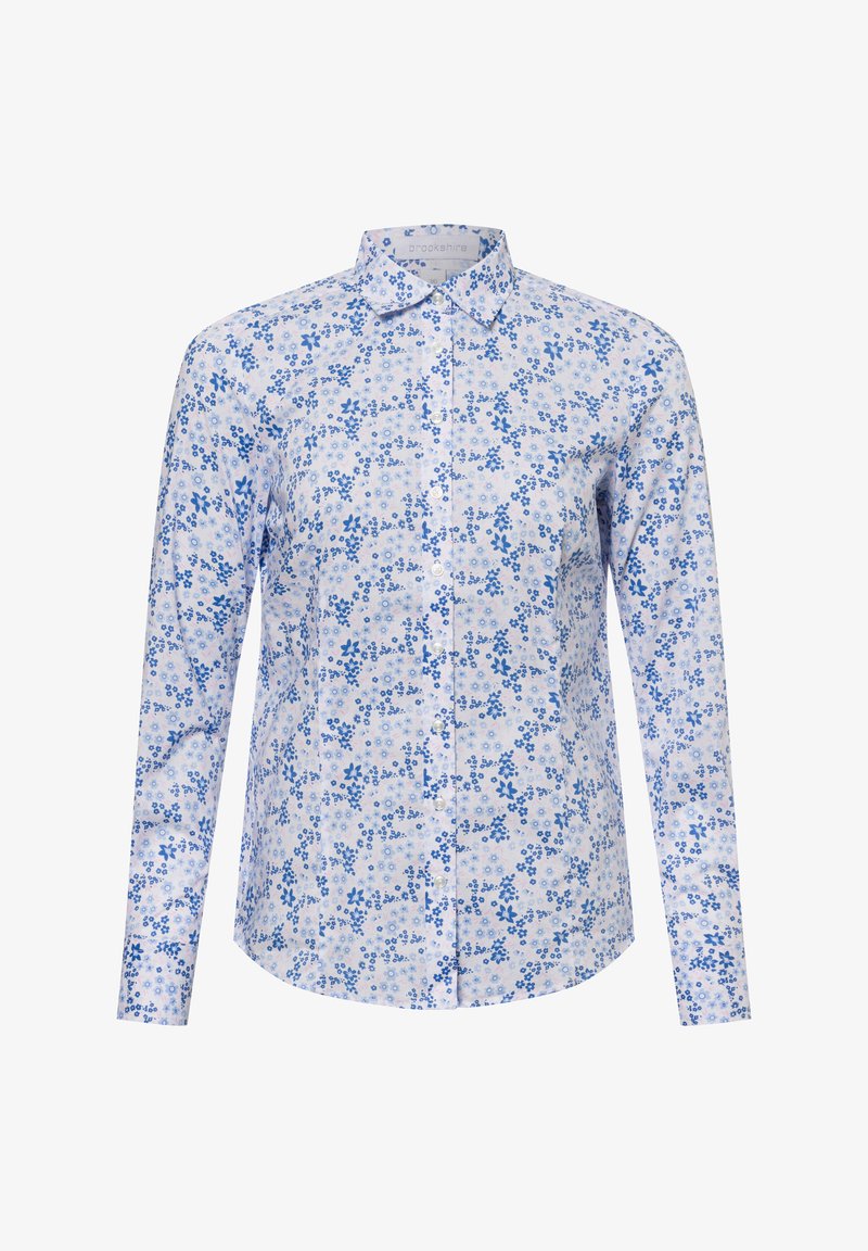 Biała koszula z długim rękawem z niebieskim wzorem kwiatowym. Wykonana z lekkiego materiału, z klasycznym kołnierzykiem i prostym dołem.