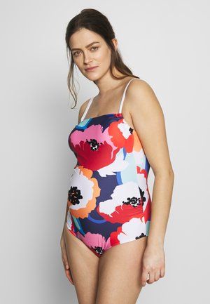Costume da bagno intero colorato con motivo floreale in toni di rosso, rosa, blu e blu navy; realizzato in tessuto liscio e elastico.
