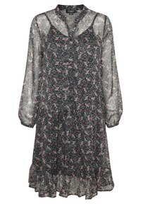 Blumenkleid mit dunklem Hintergrund, auf dem rosa und weiße Blumen abgebildet sind, langen transparenten Ärmeln, einer Knopfleiste und einem rüschierten Saum.