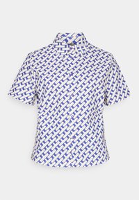Košile s krátkým rukávem s modro-bílým tkaným vzorem, s límečkem a knoflíkovým zapínáním, vyrobená z lehkého materiálu.