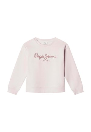 Lichtroze trui met lange mouwen en een ronde hals, geribbelde manchetten en zoom, met het "Pepe Jeans London" logo in roze letters op de voorkant.