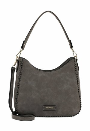 Gray synthetic handbag with a curved silhouette, featuring contrast stitching along the edge and a removable shoulder strap.