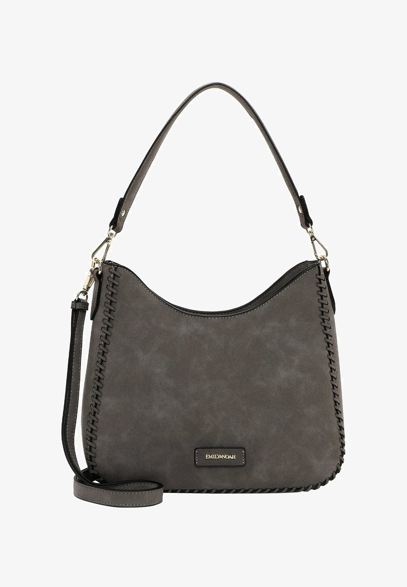 Gray synthetic handbag with a curved silhouette, featuring contrast stitching along the edge and a removable shoulder strap.