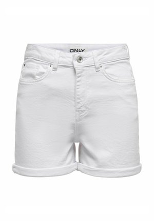 Biele riflové šortky s vysokým pásom, srolovanými nohavicami a jemnou textúrou. Obsahujú predné a zadné vrecká, s malou logo etiketou.