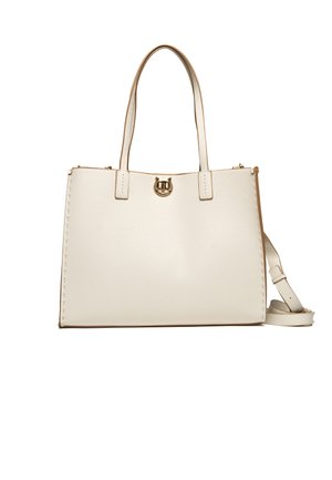Borsa tote in pelle color crema con due manici, tracolla rimovibile e piccolo dettaglio logo color oro in alto al centro.