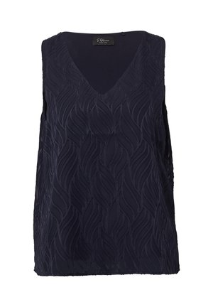 Marine blauwe mouwloze top met een V-hals, voorzien van een getextureerd patroon van verhoogde golvende vormen, gemaakt van lichte stof.