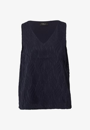 Top senza maniche di colore navy con scollo a V, caratterizzato da un motivo testurizzato di forme ondulate in rilievo, realizzato in tessuto leggero.