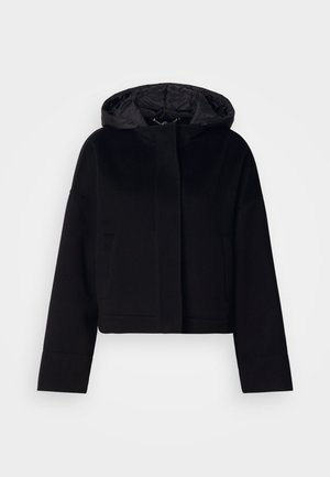 Manteau court noir avec capuche, doté d'un extérieur lisse, d'une fermeture frontale et de poches latérales. La doublure intérieure semble matelassée.
