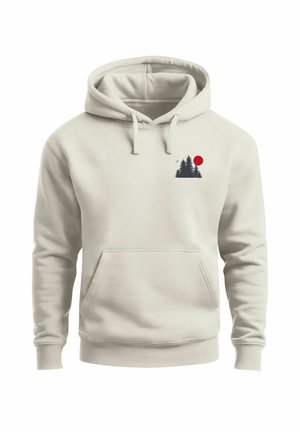 Hellbeiger Hoodie mit Fronttasche, Kapuze mit Kordelzug und kleinem Aufdruck schwarzer Bäume und einer roten Sonne auf der linken Brust.