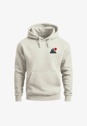 Light beige hoodie with front pocket, drawstring hood, and small graphic of black trees and a red sun on the left chest.