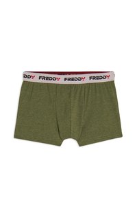 Boxer da uomo in tessuto verde oliva. Vita elastica con logo "FREDDY" in nero e rosso. Finitura morbida e texturizzata.