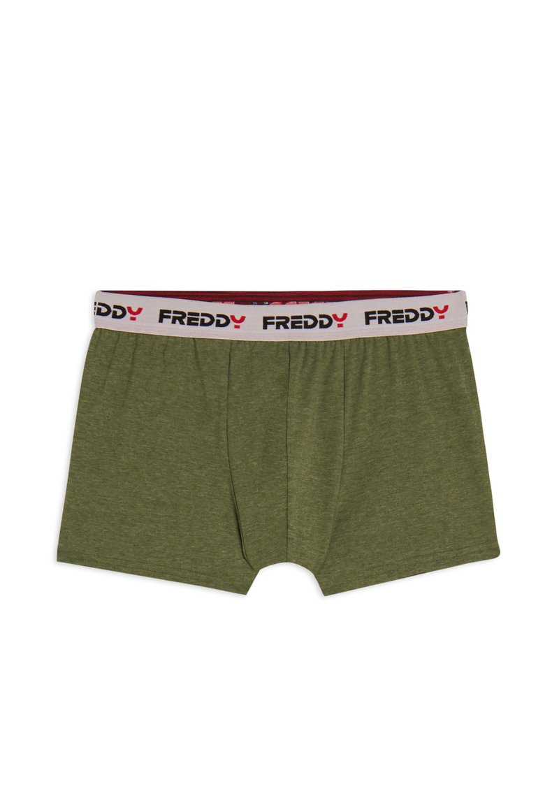 Boxer da uomo in tessuto verde oliva. Vita elastica con logo "FREDDY" in nero e rosso. Finitura morbida e texturizzata.