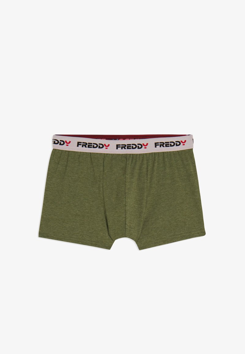 Boxer da uomo in tessuto verde oliva. Vita elastica con logo "FREDDY" in nero e rosso. Finitura morbida e texturizzata.