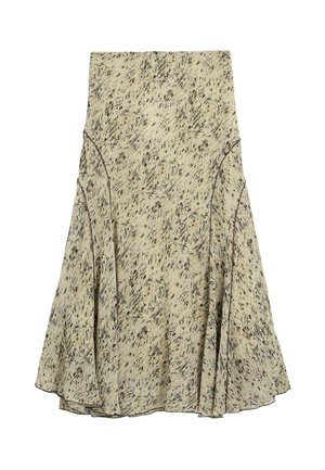 Béžová midi sukně s abstraktním černo-hnědým skvrnitým vzorem, rozšířeným lemem a švy vytvářejícími panelové detaily.