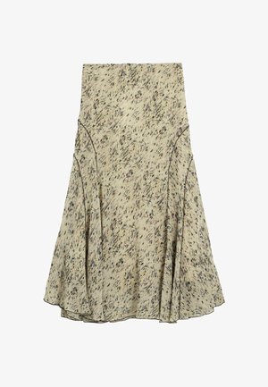 Beiger Midirock mit abstraktem, schwarz-braun gesprenkeltem Muster, ausgestelltem Saum und Nähten, die Paneeldetails erzeugen.