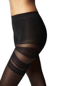 Sorte strømpebukser med en solid topsektion og en gennemsigtig stribet design ved benene, lavet af glat stof med en let glans.