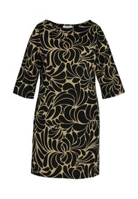 Robe noire et beige à mi-longueur avec des manches trois-quarts et un motif floral abstrait complexe sur l'ensemble.