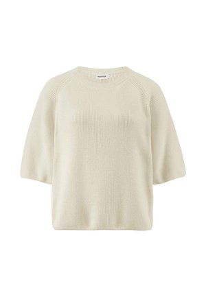 Hellcremefarbener, kurzärmeliger Strickpullover mit rundem Ausschnitt und lässiger Passform.