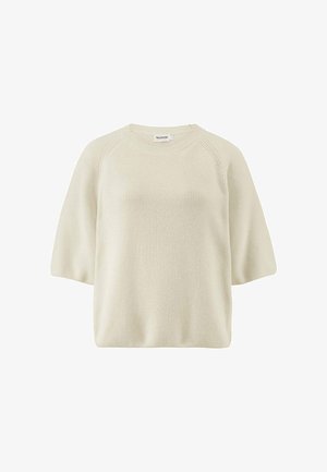 Roomkleurige gebreide trui met korte mouwen, ronde halslijn en een losse pasvorm.