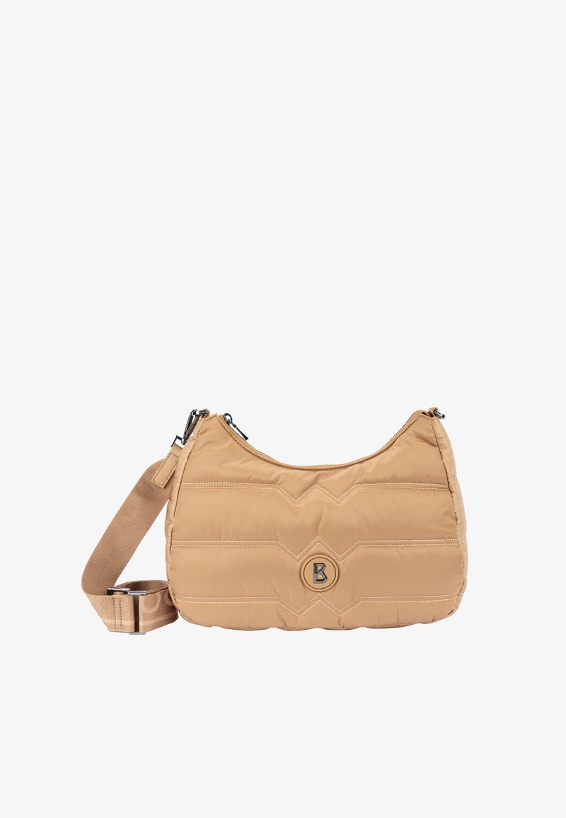 Beige gewatteerde schoudertas met een brede verstelbare band, ritssluiting en een cirkelvormig logo met de letter "B" aan de voorkant.