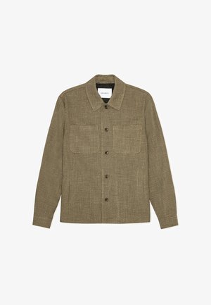 Olive green button-up shirt jacket in textured fabric, featuring two chest pockets, a pointed collar, and five front buttons.