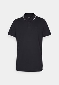 Polo noir avec un col, patte de boutonnage à trois boutons et accents blancs sur le col et les manches ; présente un petit logo sur la poitrine.