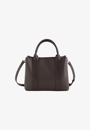 Bolso de mano de cuero marrón oscuro con un acabado texturizado, dos asas superiores resistentes, una correa de hombro desmontable y una forma estructurada.