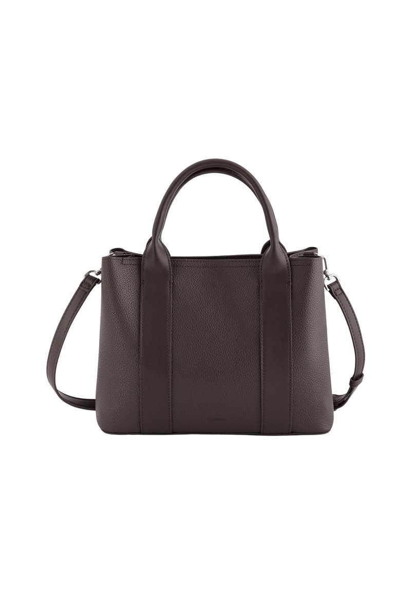 Dunkelbraune Lederhandtasche mit strukturierter Oberfläche, zwei robusten Obergriffen, einem abnehmbaren Schultergurt und einer strukturierten Form.