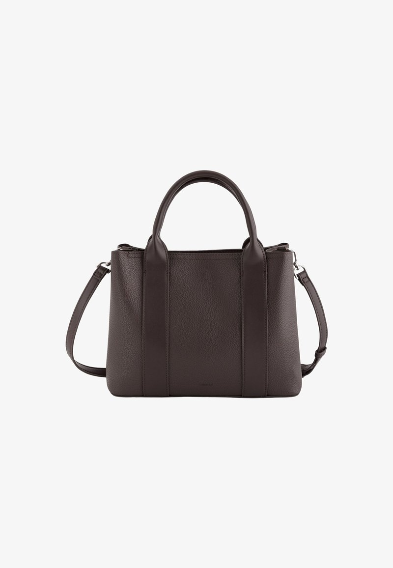 Mørkebrunt læder håndtaske med en struktureret overflade, to robuste topgreb, en aftagelig skulderrem og en struktureret form.