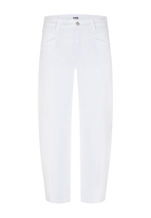 Witte rechte jeans met steekzakken, riemlussen en een knoopsluiting in de taille.