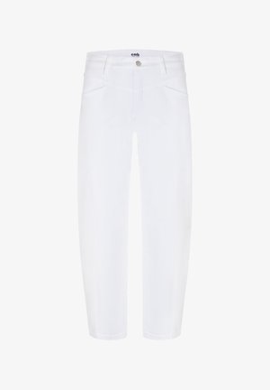Witte rechte jeans met steekzakken, riemlussen en een knoopsluiting in de taille.