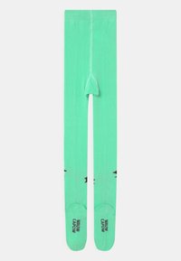 Collant verde brillante con una texture liscia, caratterizzati da piccoli disegni neri. Realizzati in materiale elasticizzato, con punta rinforzata e logo stampato.