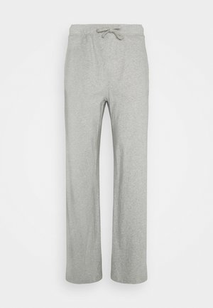 Calças de fato cinzentas em algodão com uma cintura elástica e cordão, apresentando um design de perna reta e uma textura suave. Sem bolsos.