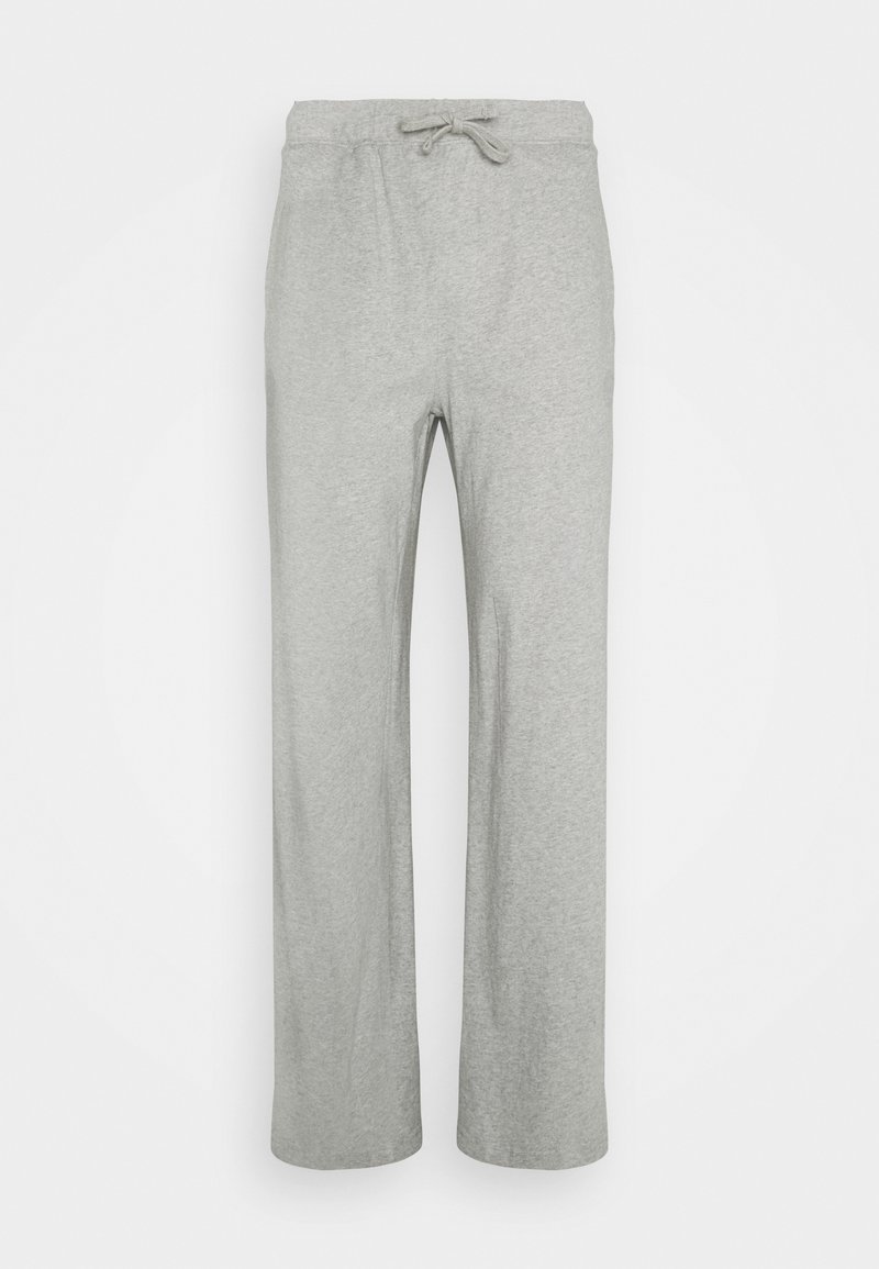 Calças de fato cinzentas em algodão com uma cintura elástica e cordão, apresentando um design de perna reta e uma textura suave. Sem bolsos.