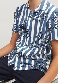 Koszula z krótkim rękawem i kołnierzykiem, w niebiesko-białą paskowaną wzór z nadrukiem liści, wykonana z lekkiego materiału, z guzikami.