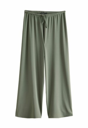 Weite Hosen in Olivgrün, aus weichem, glattem Stoff mit elastischem Bund und Zugband für eine verstellbare Passform.