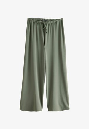 Weite Hosen in Olivgrün, aus weichem, glattem Stoff mit elastischem Bund und Zugband für eine verstellbare Passform.