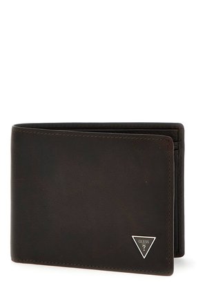 Portafoglio in pelle marrone scuro con una superficie liscia, design a bi-fold e un logo triangolare argentato sul fronte. Dettagli di cucitura accentuati.