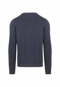 Donkerblauwe trui met lange mouwen, geribbelde manchetten en zoom, gemaakt van een gladde brei stof, met een klassieke ronde hals.