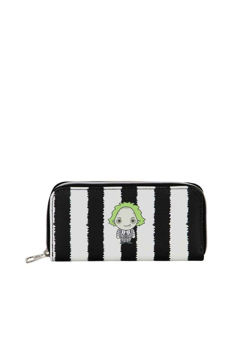 Cartera con cremallera de rayas verticales en blanco y negro, que presenta un personaje de dibujo animado con cabello verde y rayas sobre un fondo negro.