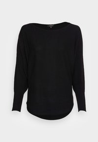 Suéter negro de punto con un escote amplio, mangas largas y un corte relajado. Hecho de una tela texturizada, presenta un dobladillo redondeado.