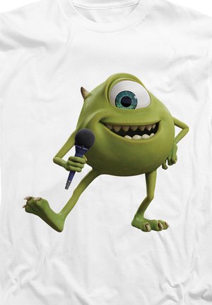 Green one-eyed cartoon monster holding a microphone, standing with one hand on hip and one leg raised, on a white background.