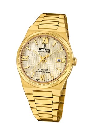 Montre automatique en or avec un cadran beige texturé, des index en chiffres romains, un affichage de la date et un bracelet à maillons en or ; verre saphir, étanchéité jusqu'à 10 bars.