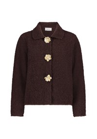 Braune strukturierte Jacke mit einem Kragen und drei goldenen Blumenknöpfen an der Vorderseite. Weicher, warmer Stoff mit einer kastigen Silhouette.