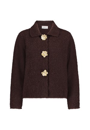 Bruine textuurjacket met een kraag en drie gouden bloemenknopen aan de voorkant. Zachte, warme stof met een boxy silhouet.