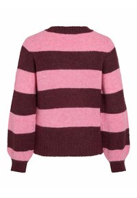 Strickpullover in burgunder und rosa Streifen. Hat einen runden Halsausschnitt und lange Ärmel mit gerippten Bündchen. Weicher Stoff, lässiges Design.